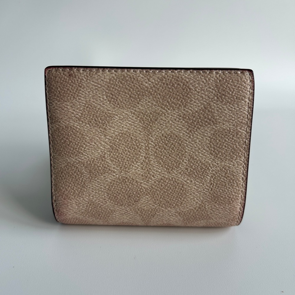 Coach Snap Wallet Sand Chalk Signature Canvas Leather Bifold Good - Picture 2 of 4